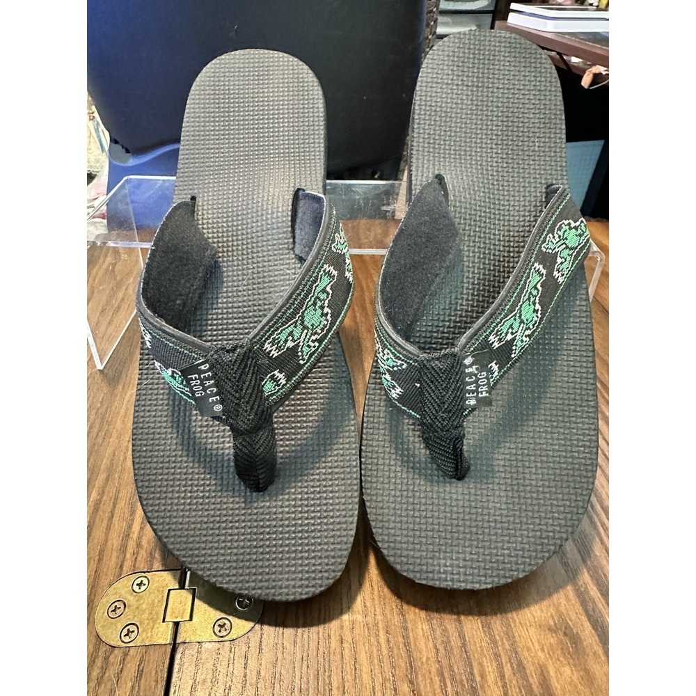 Peace Frog Flip Flops Black Canvas Comfort Sandals Slipper Beer Cozy Light Funk